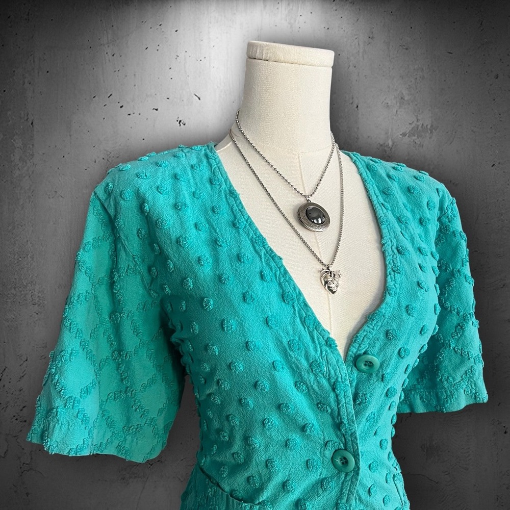 Vintage 90s Focus USA Teal Swiss Dot Textured Button Up Shoulder Pad Blouse L/XL